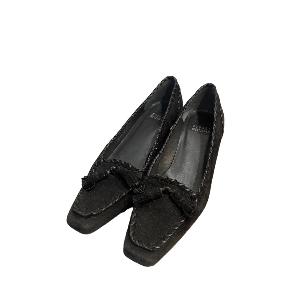 Vintage STUART WEITZMAN Loafers Flats 7 Black Tassel Square Toe Kitten Heel